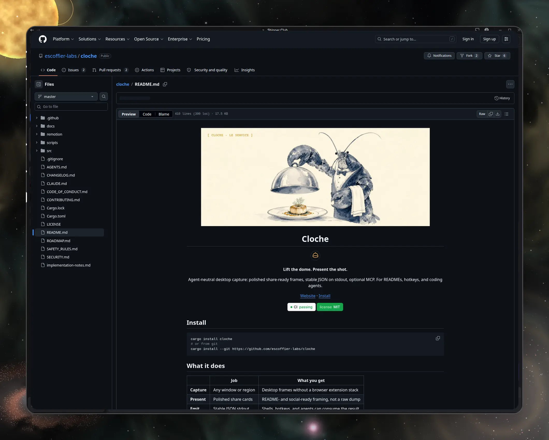 Polished Cloche shot card of the escoffier-labs/cloche GitHub README on a carina-hubble backdrop with JWST scene look