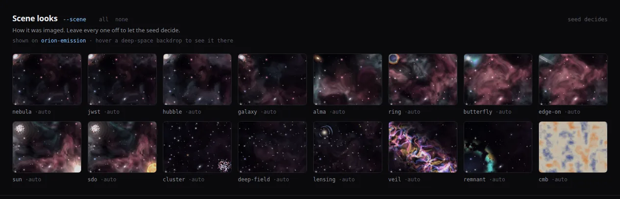 Cloche Studio Scene looks grid: nebula, jwst, hubble, galaxy, and other imaging styles fully in frame