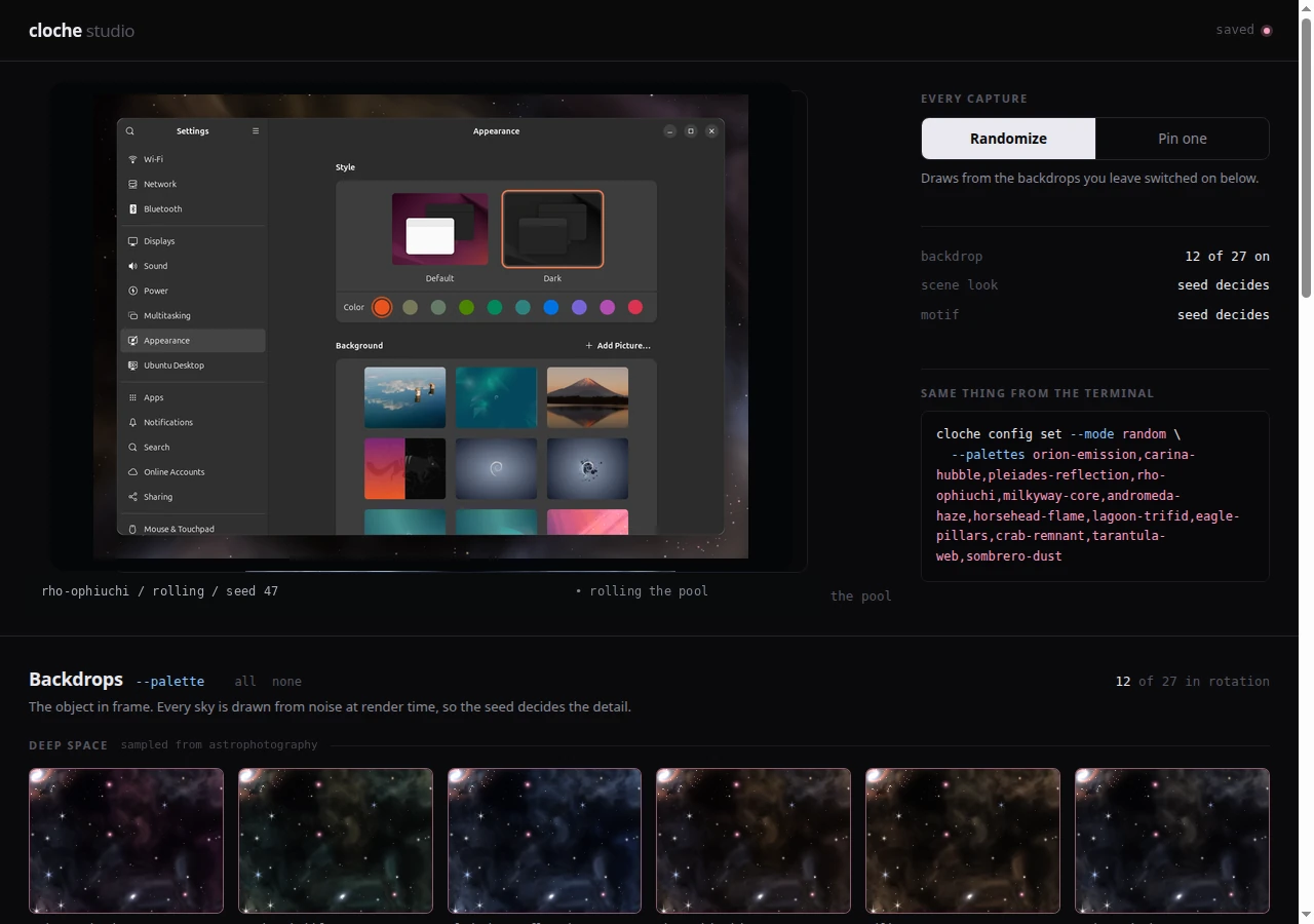 Cloche Studio: landscape Appearance settings card on a full rho-ophiuchi sky, with Randomize and Pin controls
